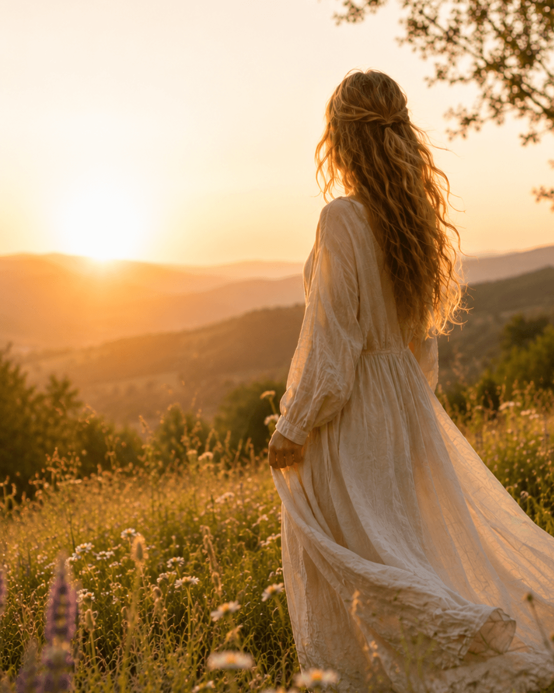 Frau im Feld im warmen Abendlicht