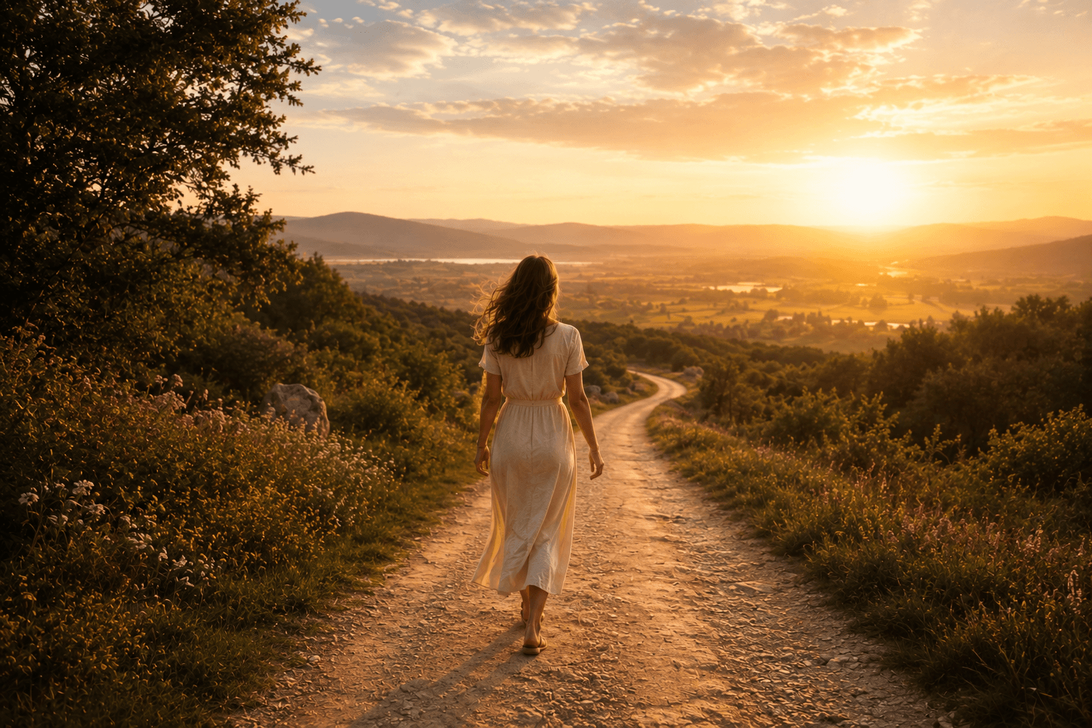 Frau geht einen Weg in den Sonnenuntergang